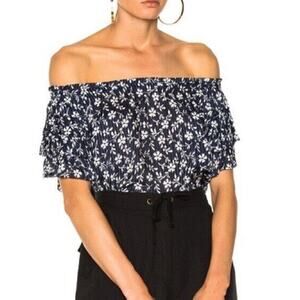 Ulla Johnson Leoda Navy Blue White Floral Top Off the Shoulder Ruffle Cotton 4